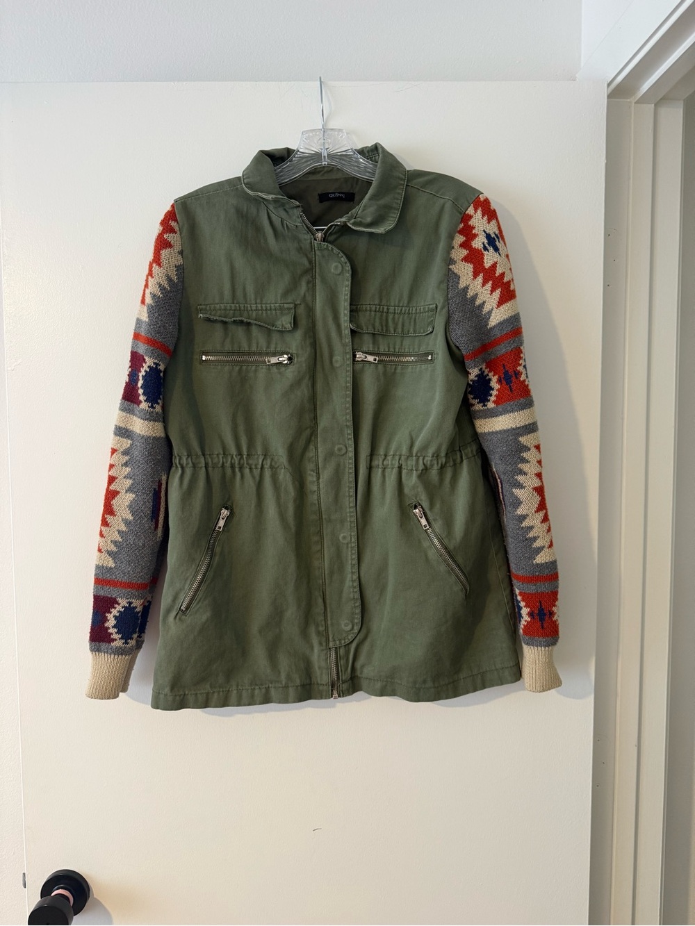 Quinn Olive Utility Jacket Aztec Knit Sleeves Military Cargo Jacket Medium